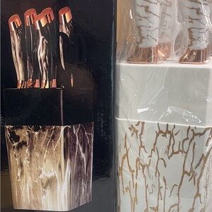 Marble-Pattern Knife Block Set with Rose Gold Accents - White
